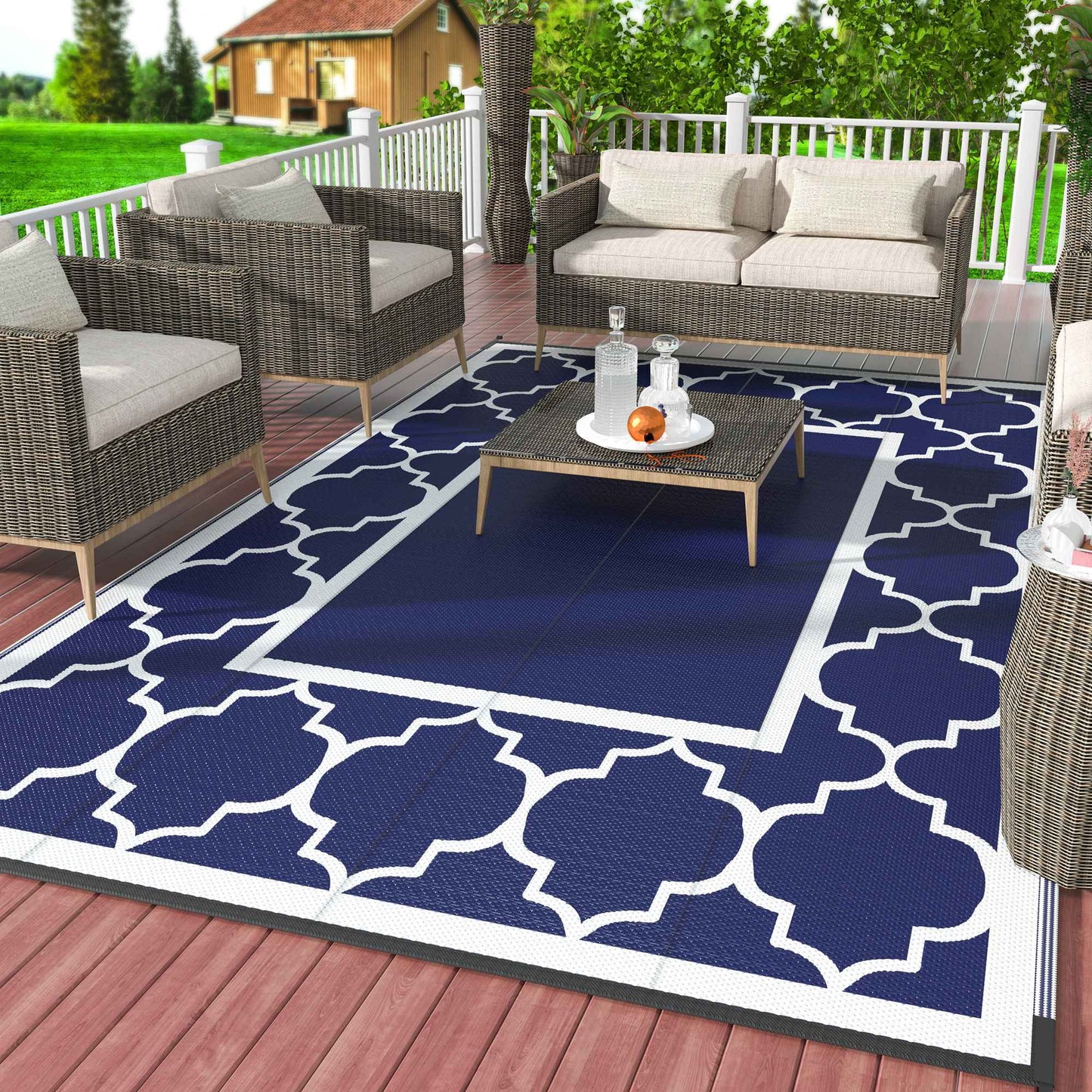 8'X10' Outdoor Rug for Patio Clearance,Reversible Straw Plastic Waterproof Area Rugs,Clearance Mat,Rv,Camping,Blue & White