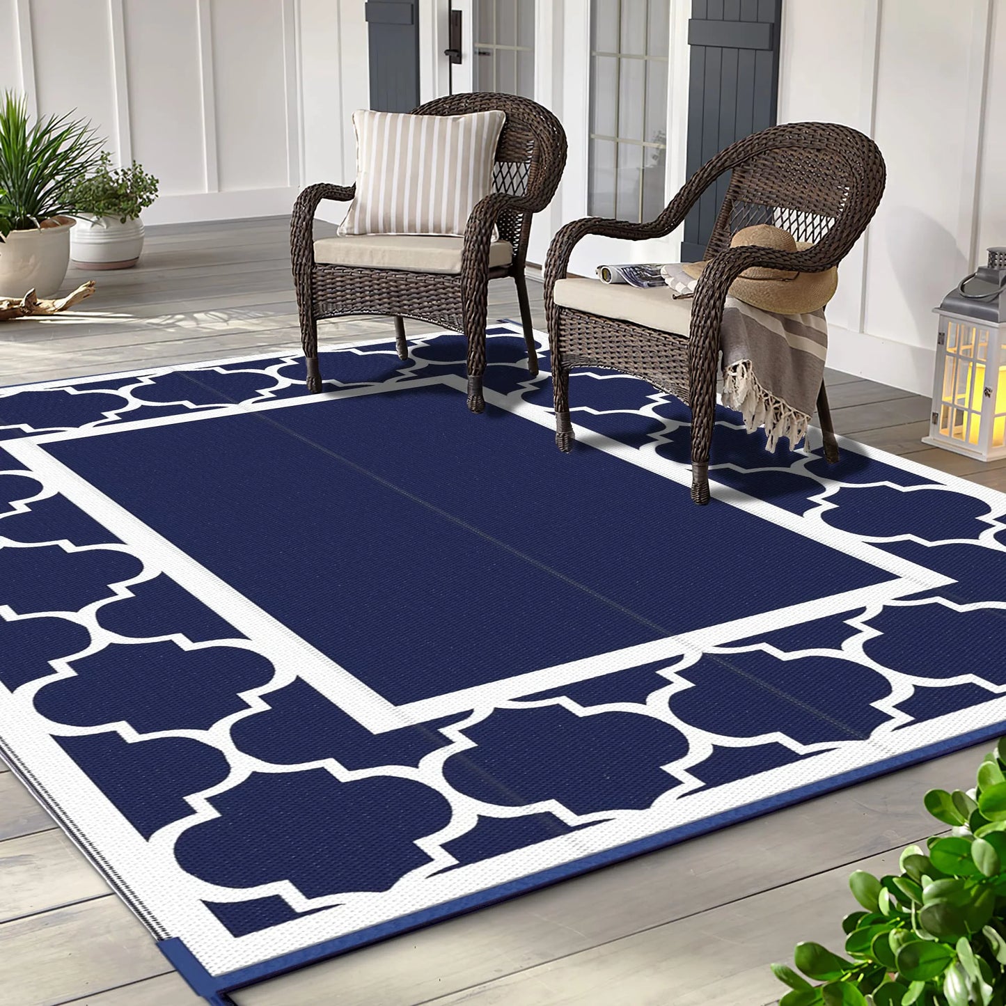 8'X10' Outdoor Rug for Patio Clearance,Reversible Straw Plastic Waterproof Area Rugs,Clearance Mat,Rv,Camping,Blue & White